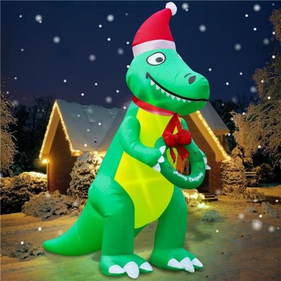 10 Ft Long Christmas Inflatables Santa Dino Holds Merry Xmas Wreath
